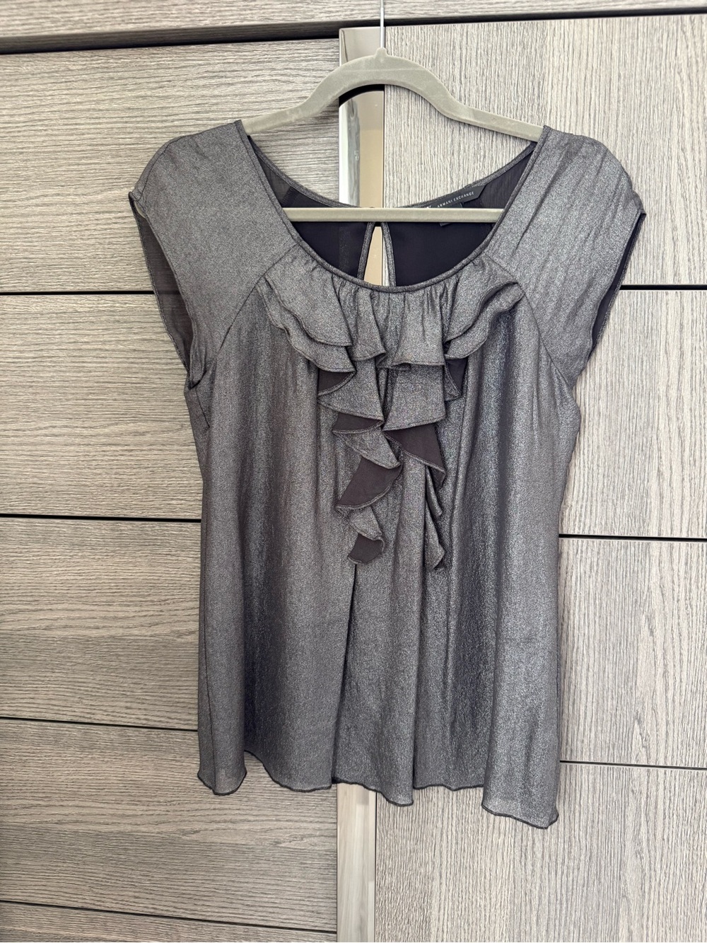 Armani Exchange Silver-Gray Ruffle Front Cap Sleeve Blouse